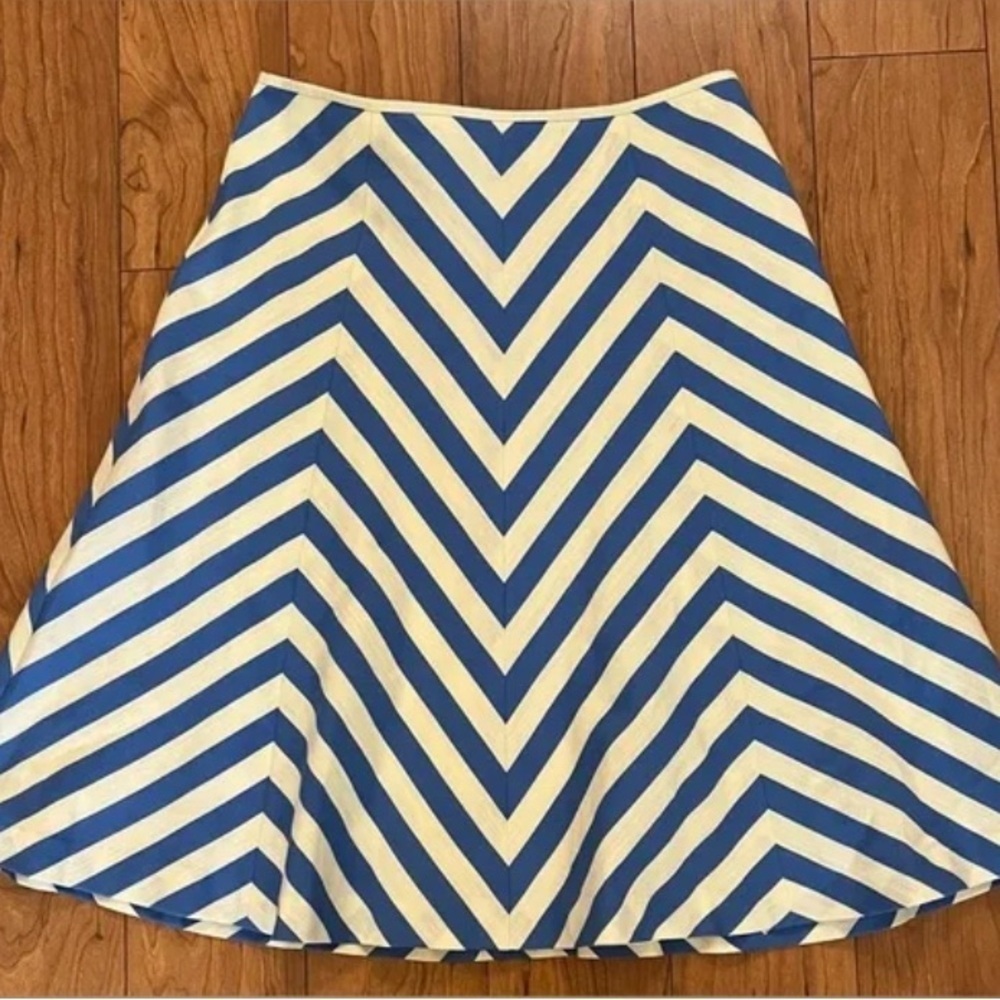 Talbots Chevron A-Line Skirt Size 6 Blue White Cotton Blend Lined Midi Career